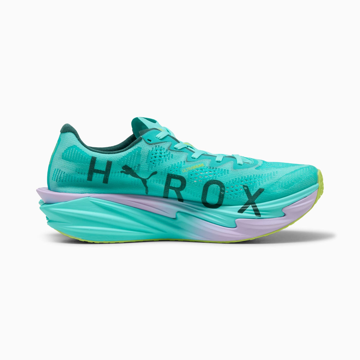 PUMA Deviate NITRO Elite 4 HYROX men's running shoe in Intense Mint/Light Lavender — medial side profile