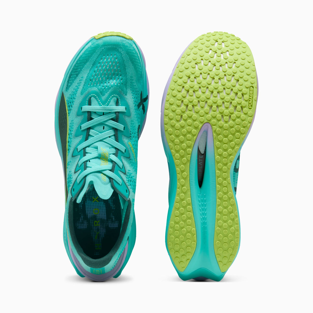 PUMA Deviate NITRO Elite 4 HYROX men's running shoe in Intense Mint/Light Lavender — top and outsole views
