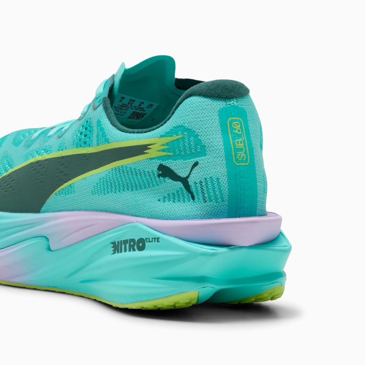 PUMA Deviate NITRO Elite 4 HYROX men's running shoe in Intense Mint/Light Lavender — heel and cushioning detail