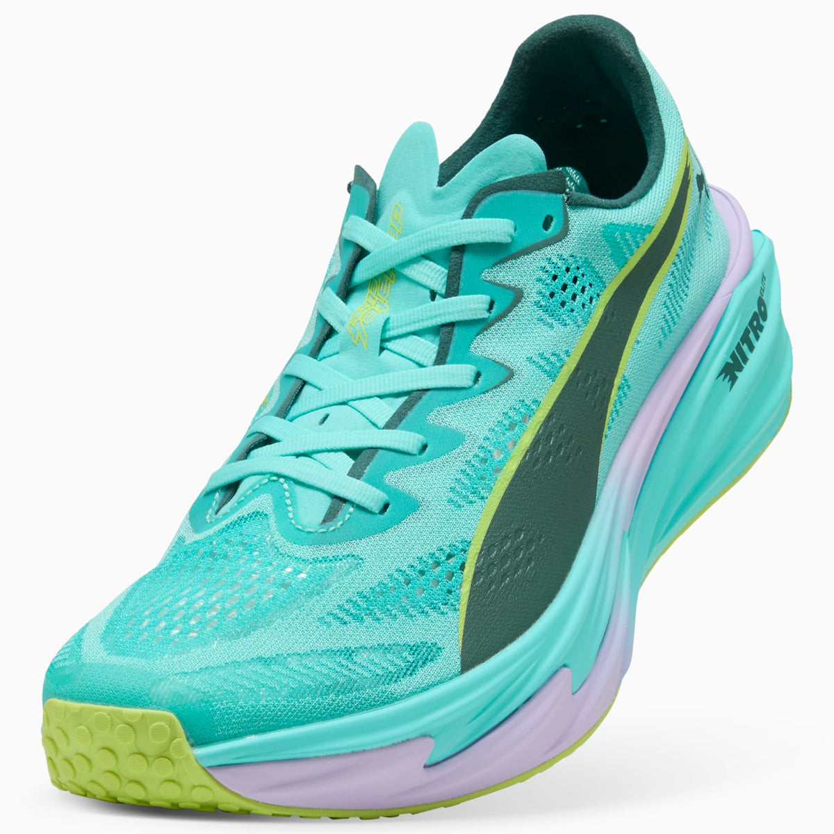 PUMA Deviate NITRO Elite 4 HYROX men's running shoe in Intense Mint/Light Lavender — upper and lacing detail