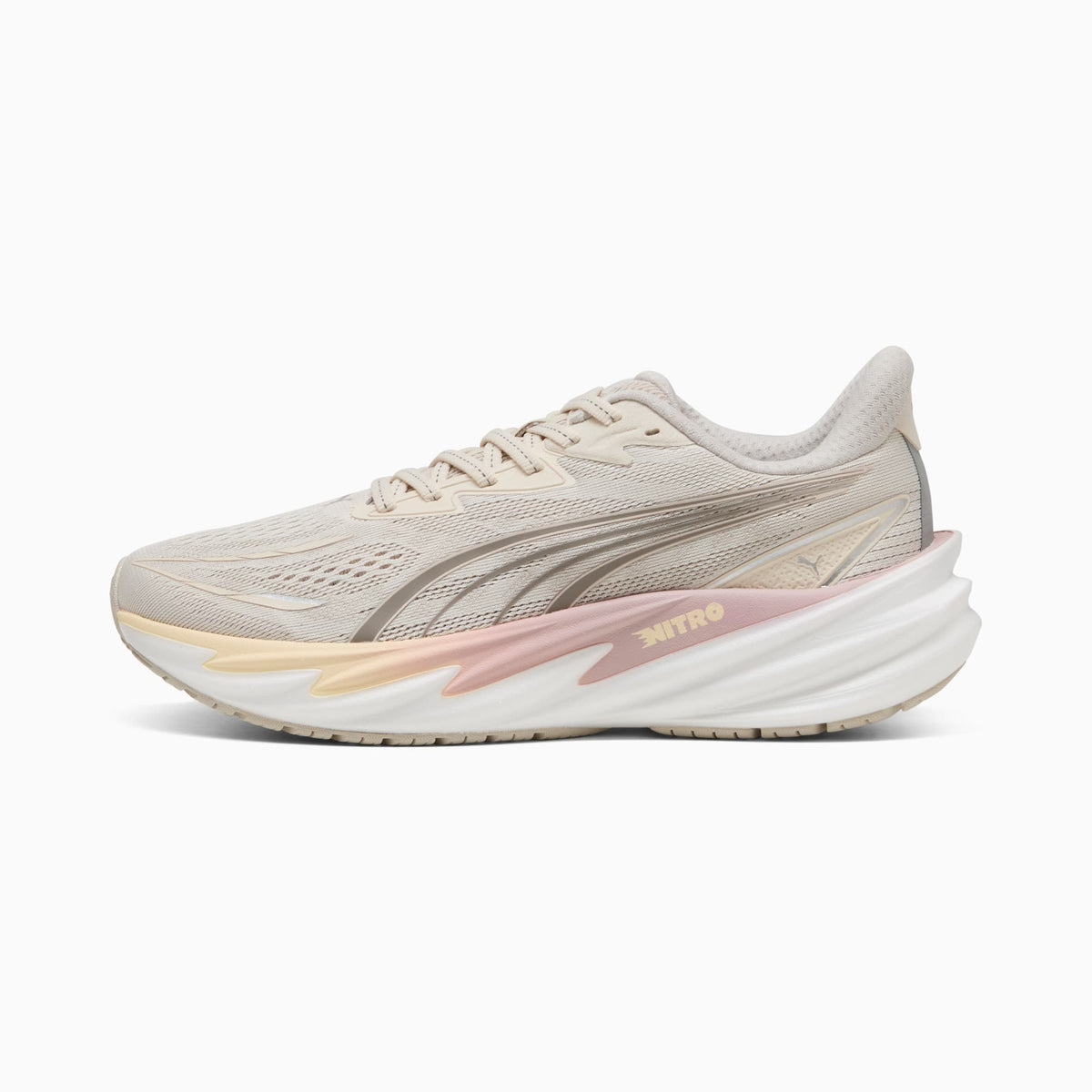 PUMA Velocity NITRO 5 women's running shoe in Alpine Snow/Misty Pink — side profile
