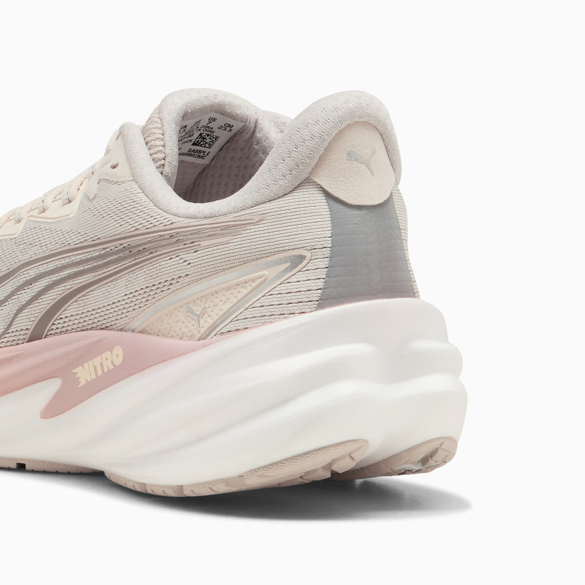 PUMA Velocity NITRO 5 women's running shoe in Alpine Snow/Misty Pink — heel and cushioning close-up