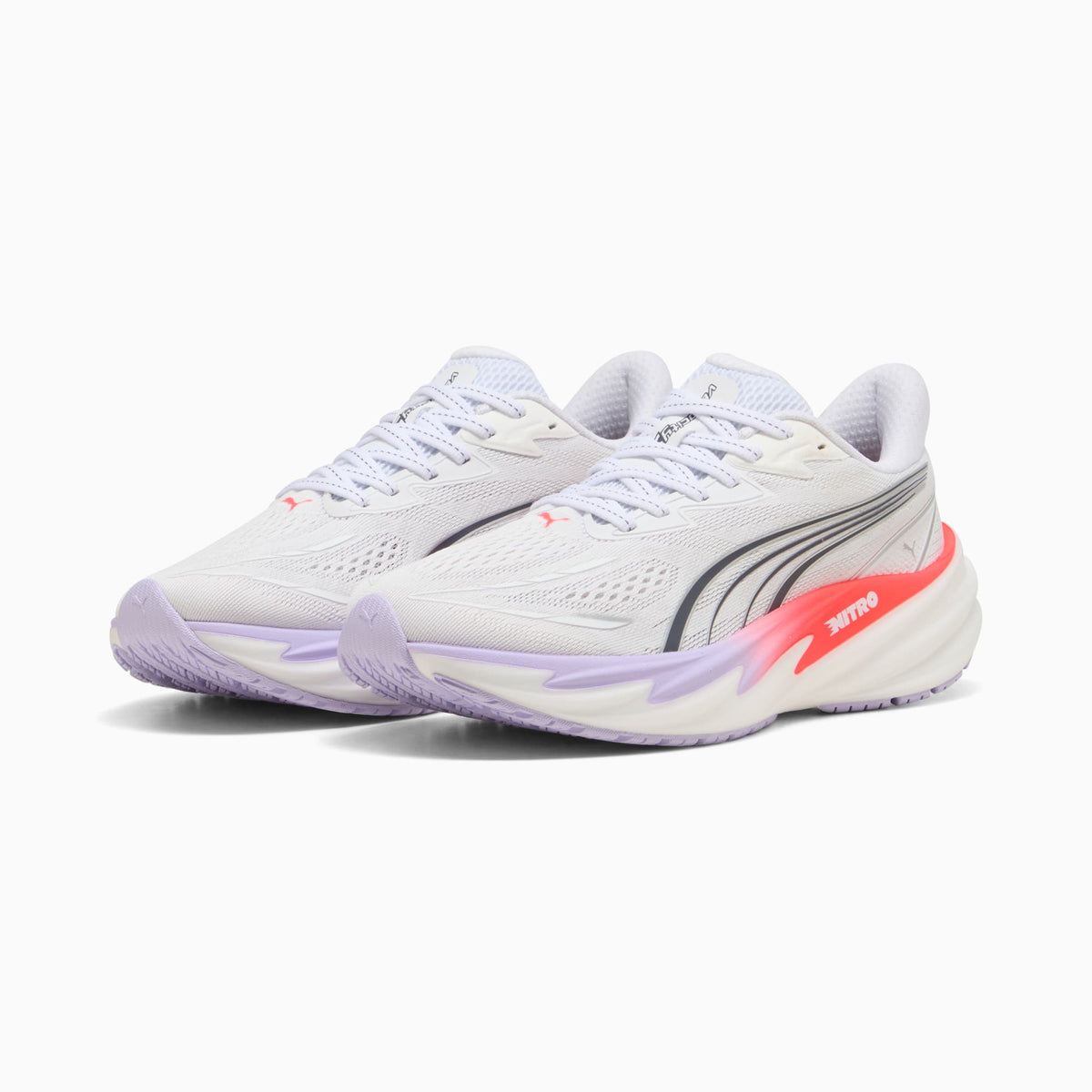 Women's PUMA Velocity NITRO 5 in PUMA White/Ultra Red/Light Lavender — lateral view