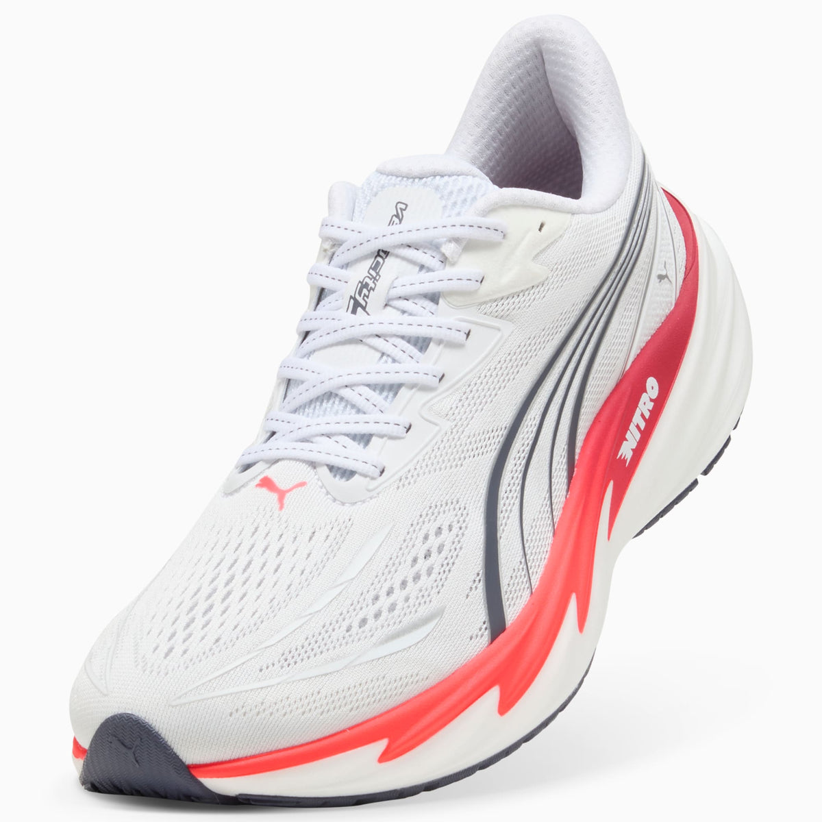 PUMA Velocity NITRO 5 men's running shoe in PUMA White/Ultra Red — upper and lacing detail
