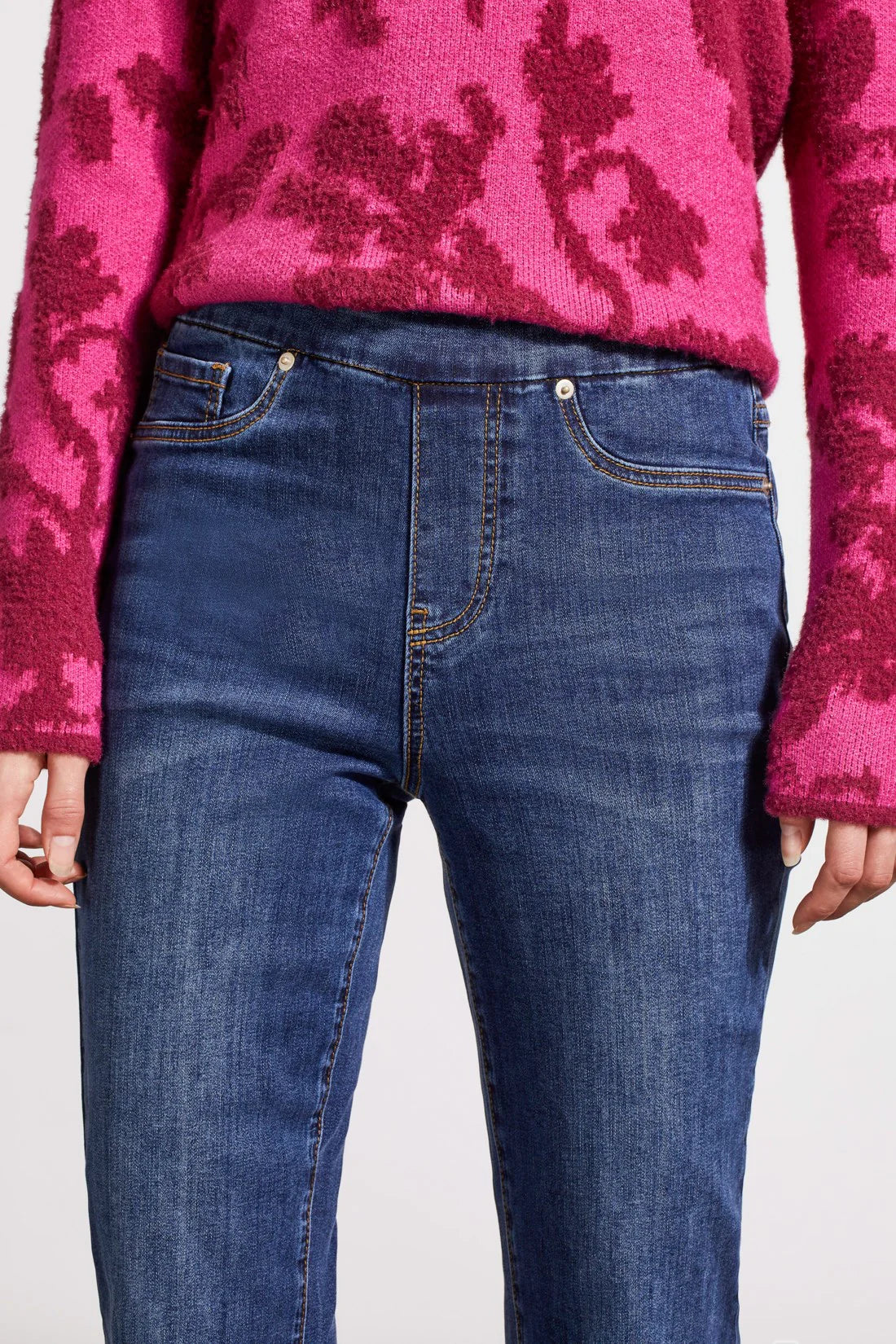 Tribal women's Audrey Pull-On Straight Crop Jeans in Blue Moon, close-up of the pull-on waistband and denim texture.