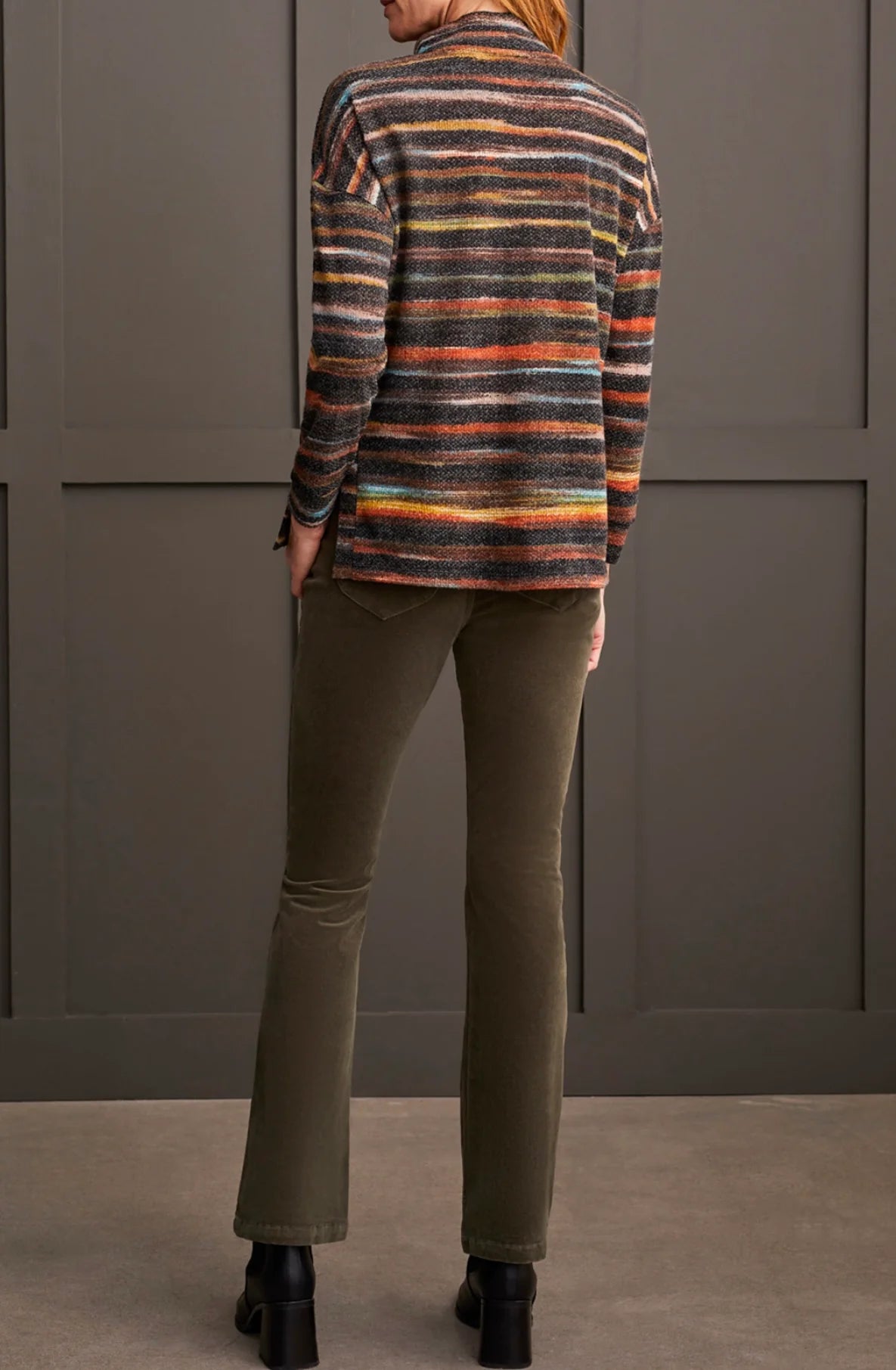 Tribal women's Variegated Stripe Mock Neck Top in Rust, back view showing multicolor stripes.