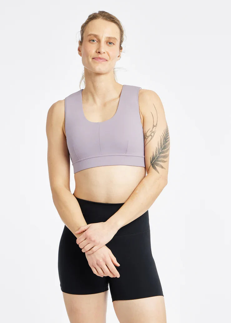 Women's Oiselle Flyout Bra in Dusty Lavender.