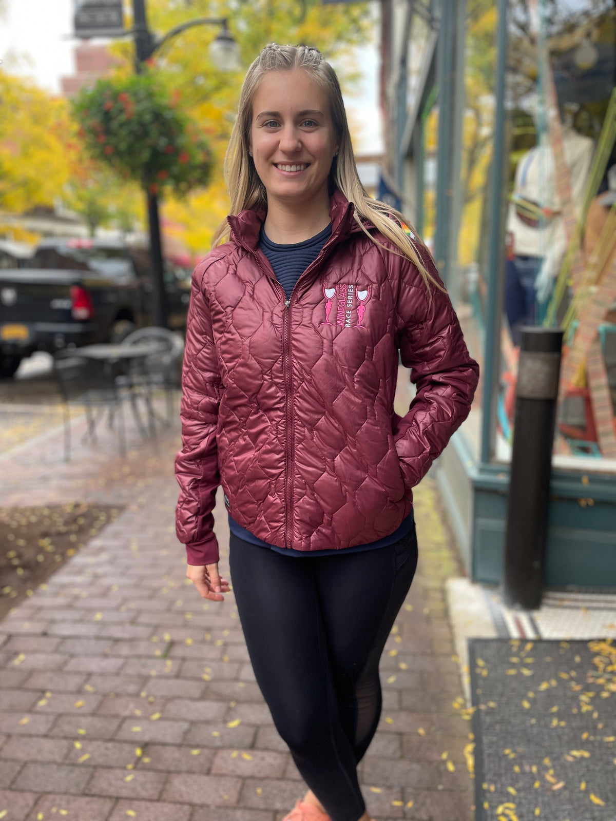 Women's Saucony Solstice Oysterpuff Jacket. Dark Red. Front view.