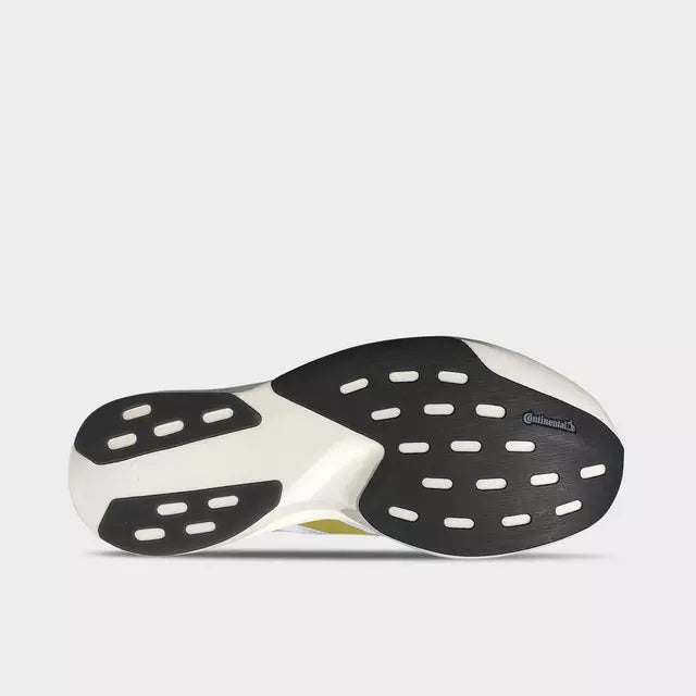 Men's Adidas Adizero Evo SL Woven. White upper. White midsole. Bottom view.