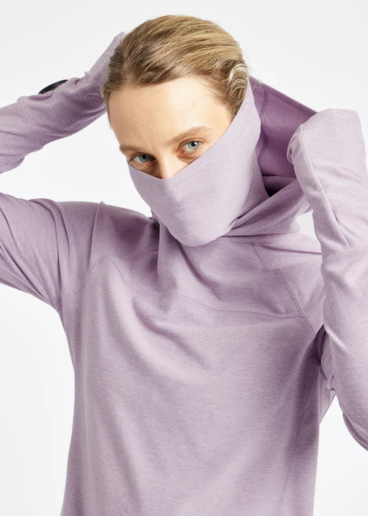 Women's Oiselle Lux Highline Hoodie in Dusty Lavender, detail view