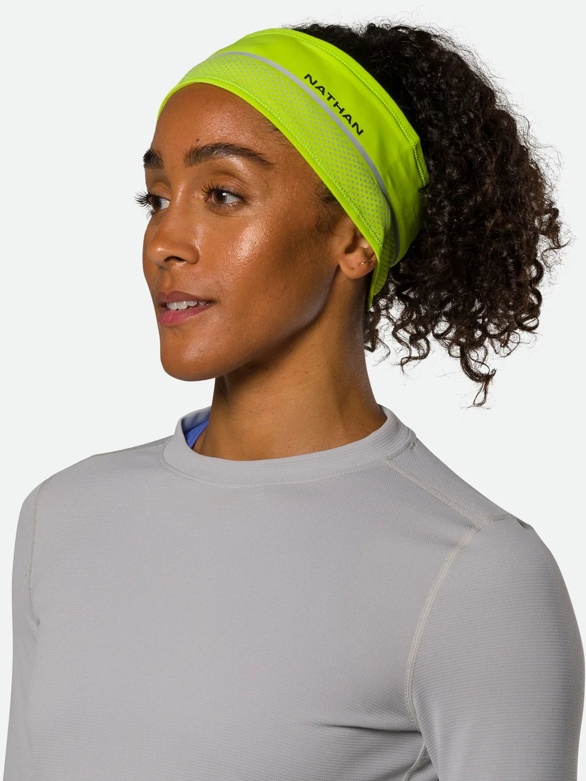 Nathan HyperNight Reflective Headband, Hi Vis Yellow/Geo Print, front lateral view.