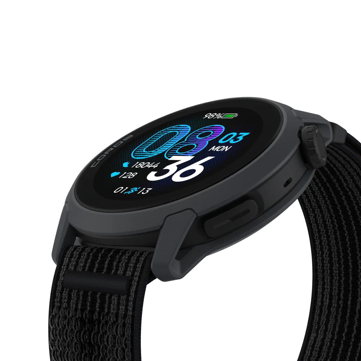 COROS PACE 4 GPS sports watch in Black with nylon band side view