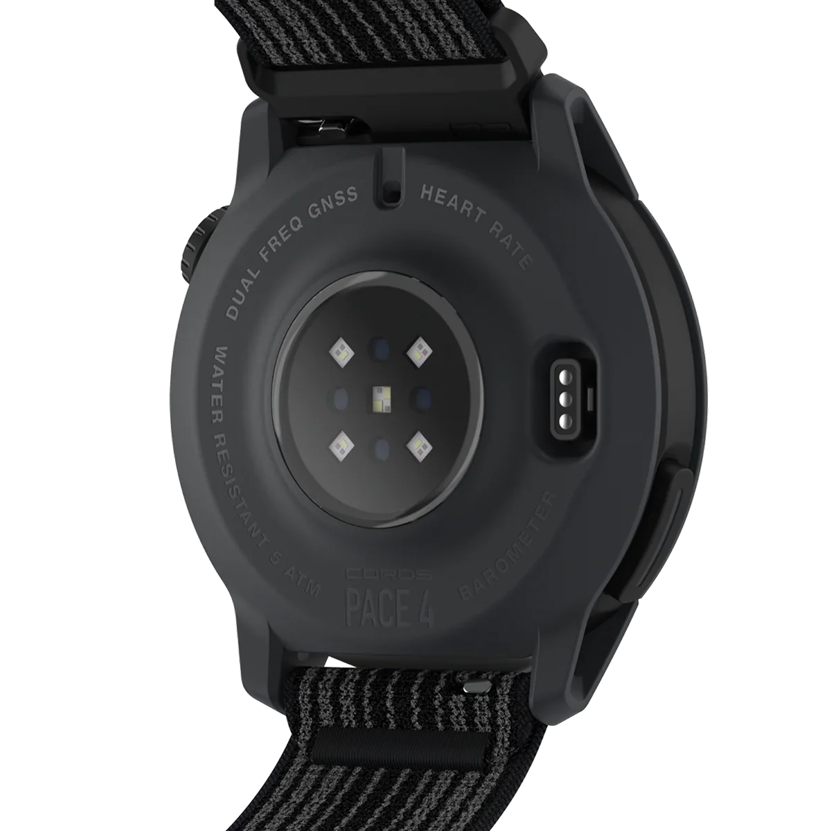 COROS PACE 4 GPS sports watch in Black with nylon band detail view