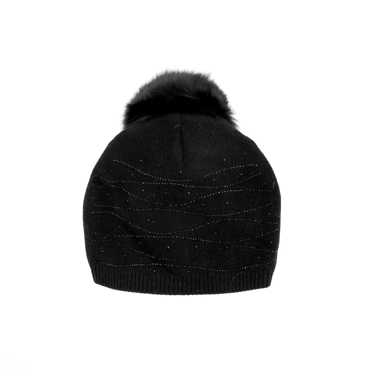 black hat with fur pom and wavy crystal pattern on front