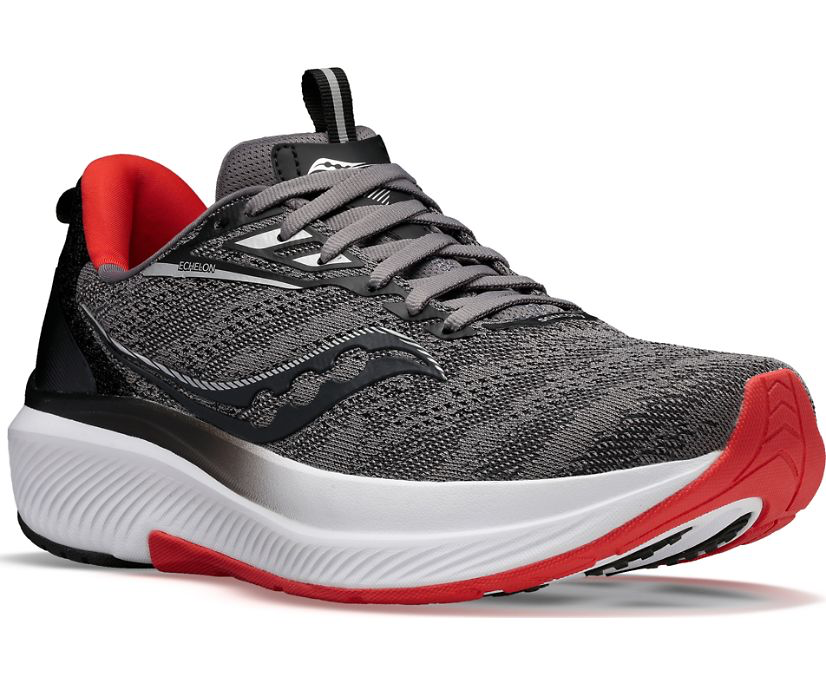 Men's Saucony Echelon 9. Grey upper. White midsole. Lateral view.
