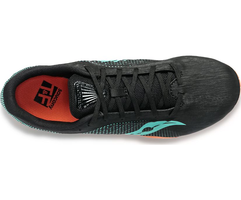 Men's Saucony Spitfire 5. Black/Cool Mint. Top view.
