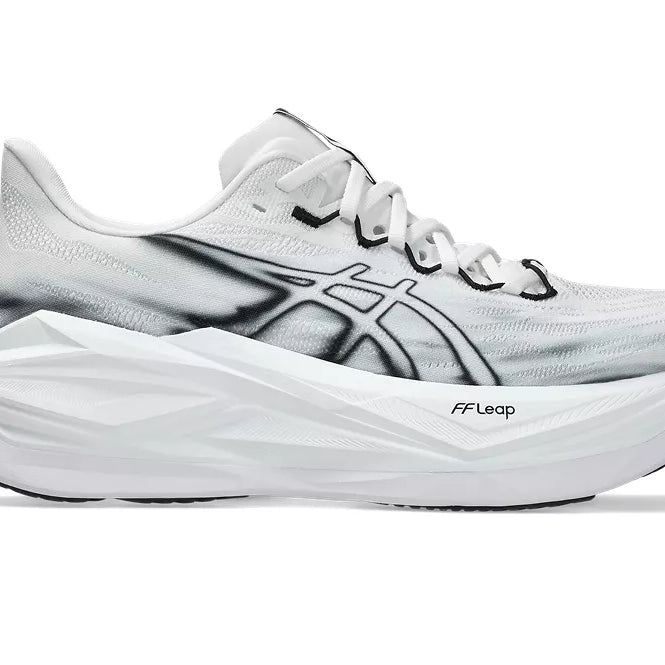 Asics Superblast 3. White upper. White midsole. Lateral view.
