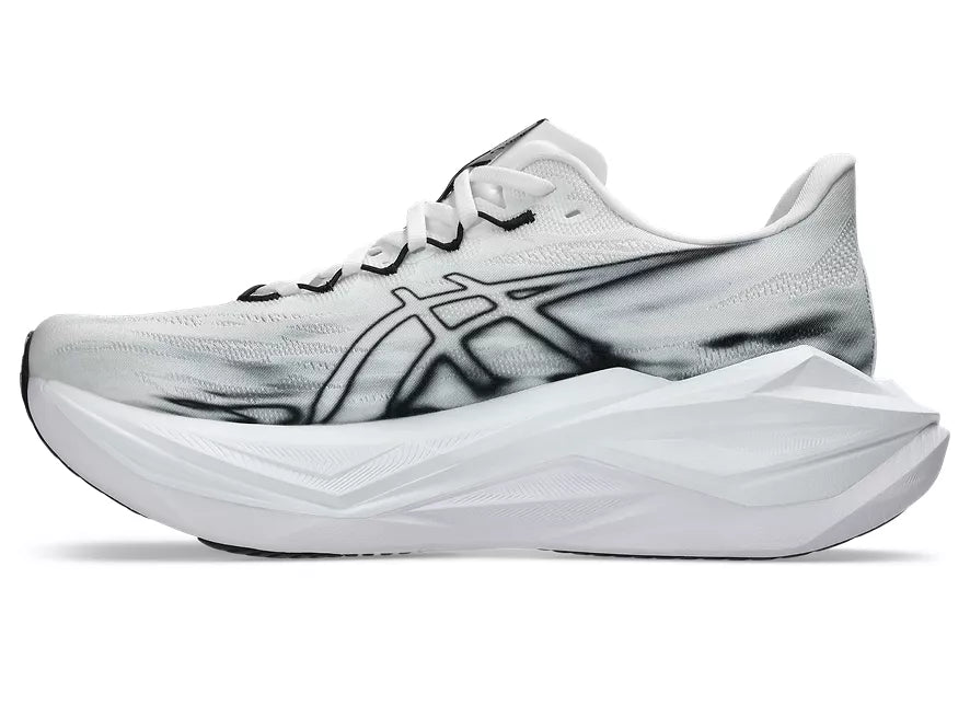 Asics Superblast 3. White upper. White midsole. Medial view.