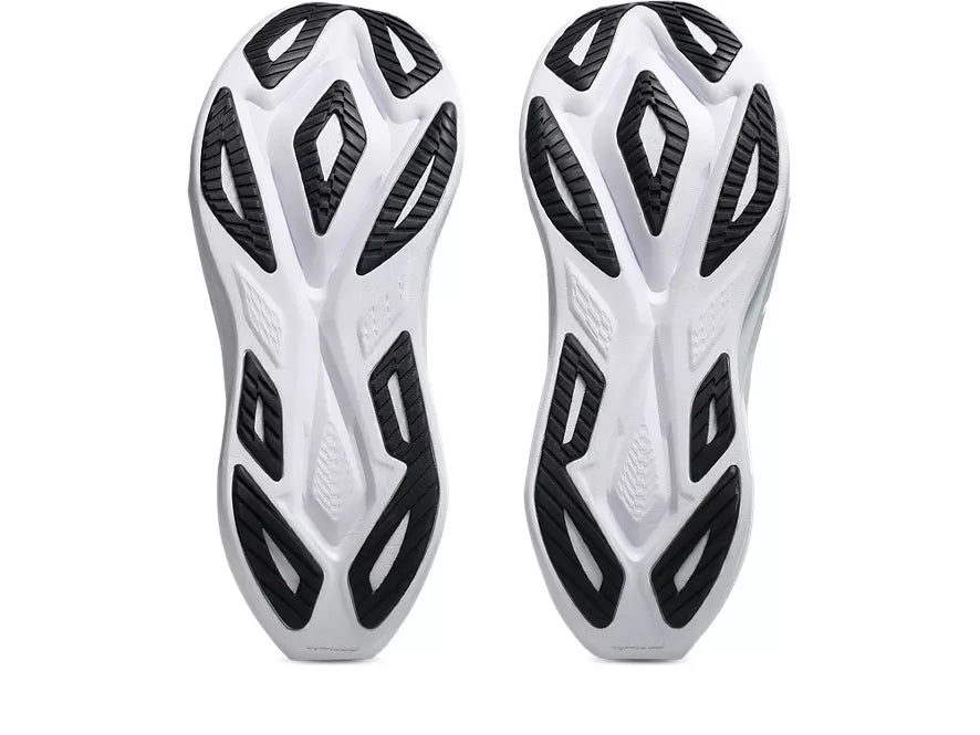 Asics Superblast 3. White upper. White midsole. Bottom view.