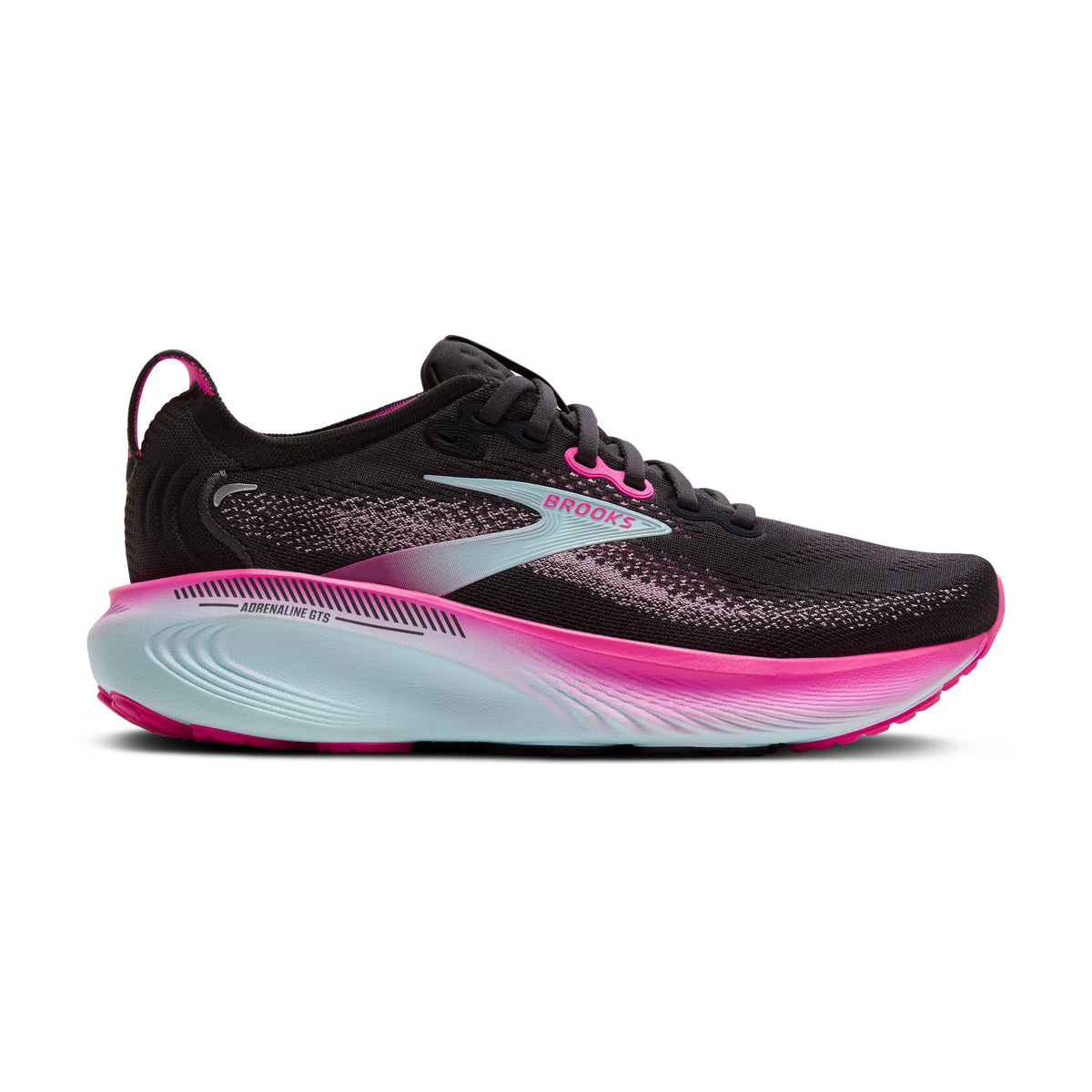 Women's Brooks Adrenaline GTS 25 in Black/Cyber Pink/Iced Aqua – lateral view