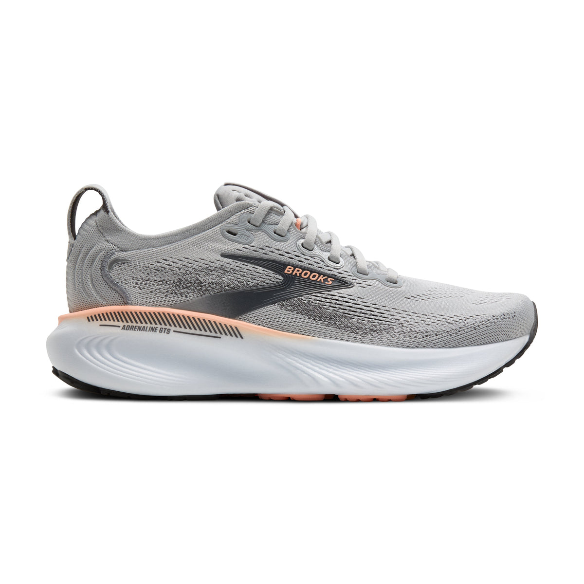 Women's Brooks Adrenaline GTS 25 in Grey/Blackened Pearl/Coral – lateral view
