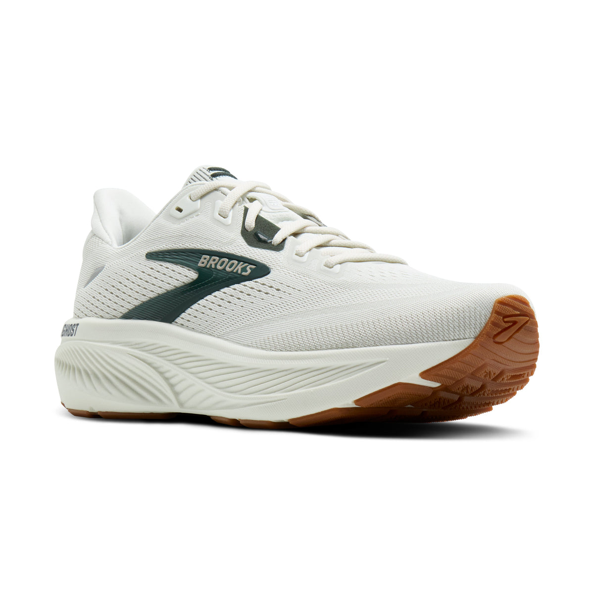 Brooks Ghost 18 men's running shoe in Grey/Spruce/Tan — angled view