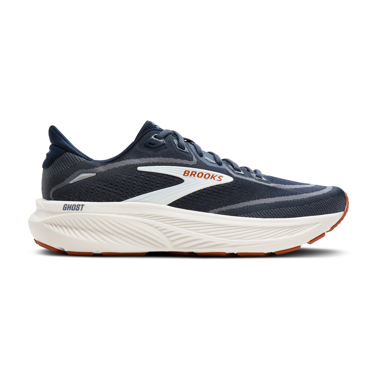 Brooks Ghost 18 men's running shoe in Navy Blazer/Red Earth/Blue — lateral view