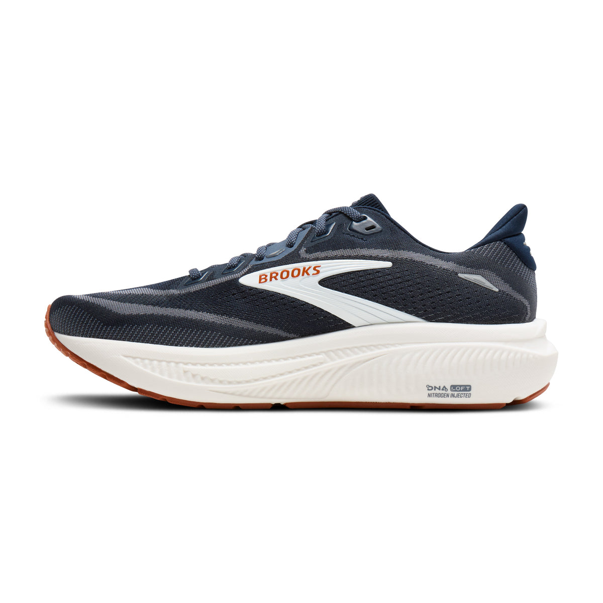 Brooks Ghost 18 men's running shoe in Navy Blazer/Red Earth/Blue — medial view