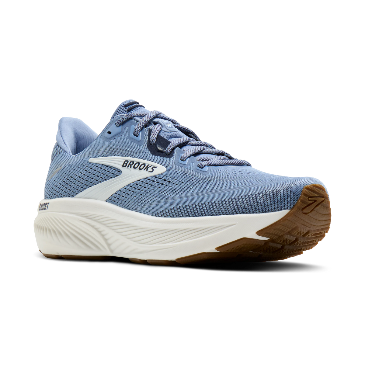 Brooks Ghost 18 men's running shoe in Rain Washed/Navy/Coconut — angled view