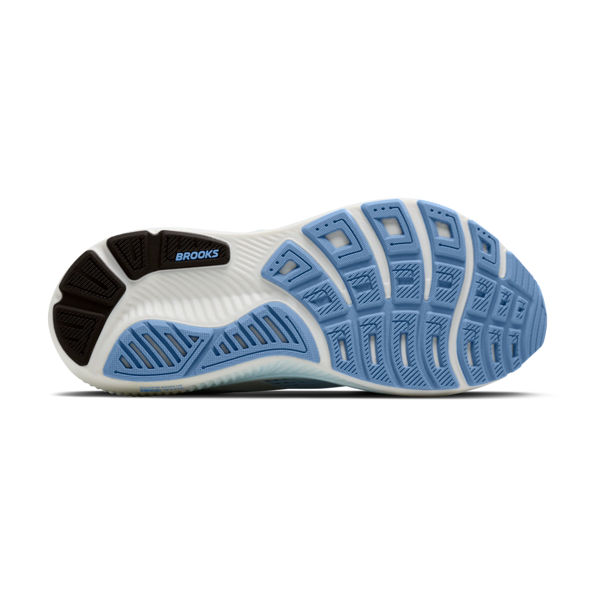 Brooks Ghost 18 men's running shoe in White/Black/Open Air — outsole view