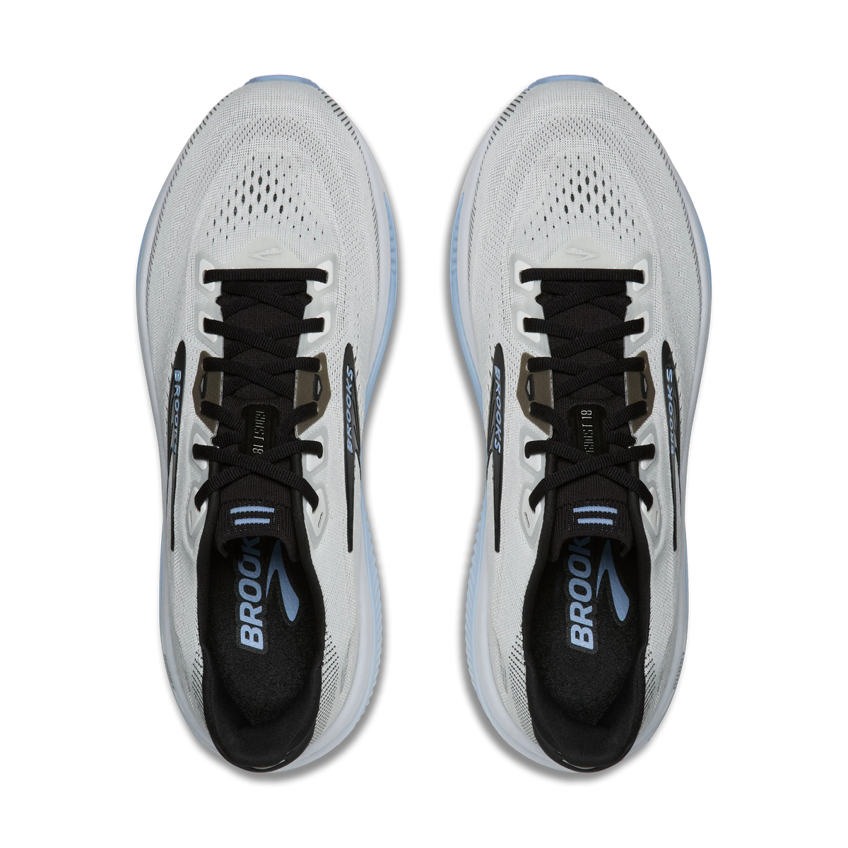 Brooks Ghost 18 men's running shoe in White/Black/Open Air — top view