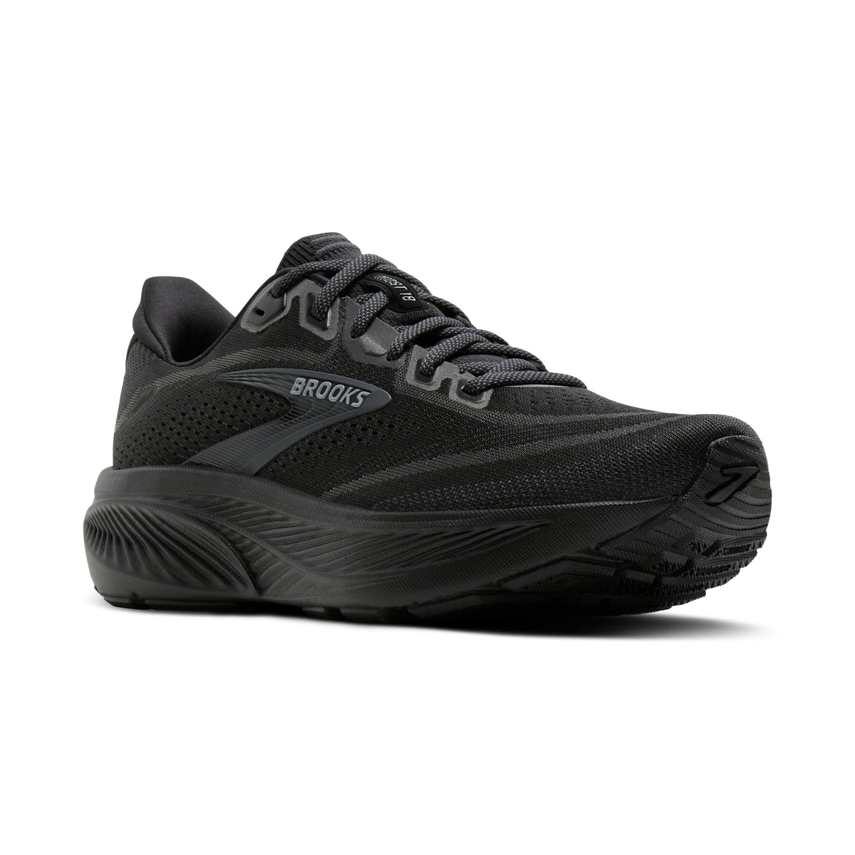 Brooks Ghost 18 women's running shoe in Black/Black/Ebony — angled view