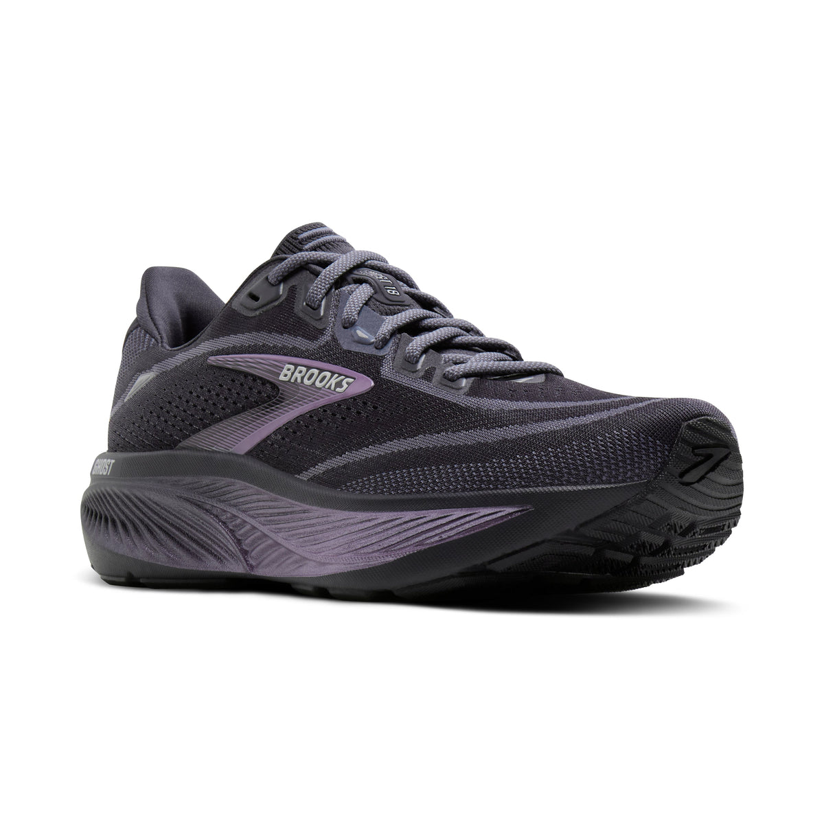 Brooks Ghost 18 women's running shoe in Ebony/Folkstone/Metallic — angled view