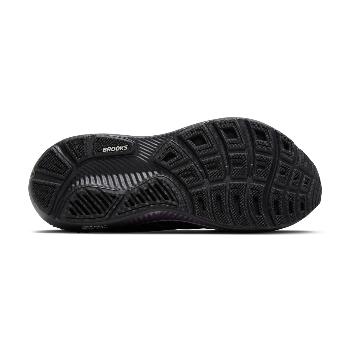 Brooks Ghost 18 women's running shoe in Ebony/Folkstone/Metallic — outsole view