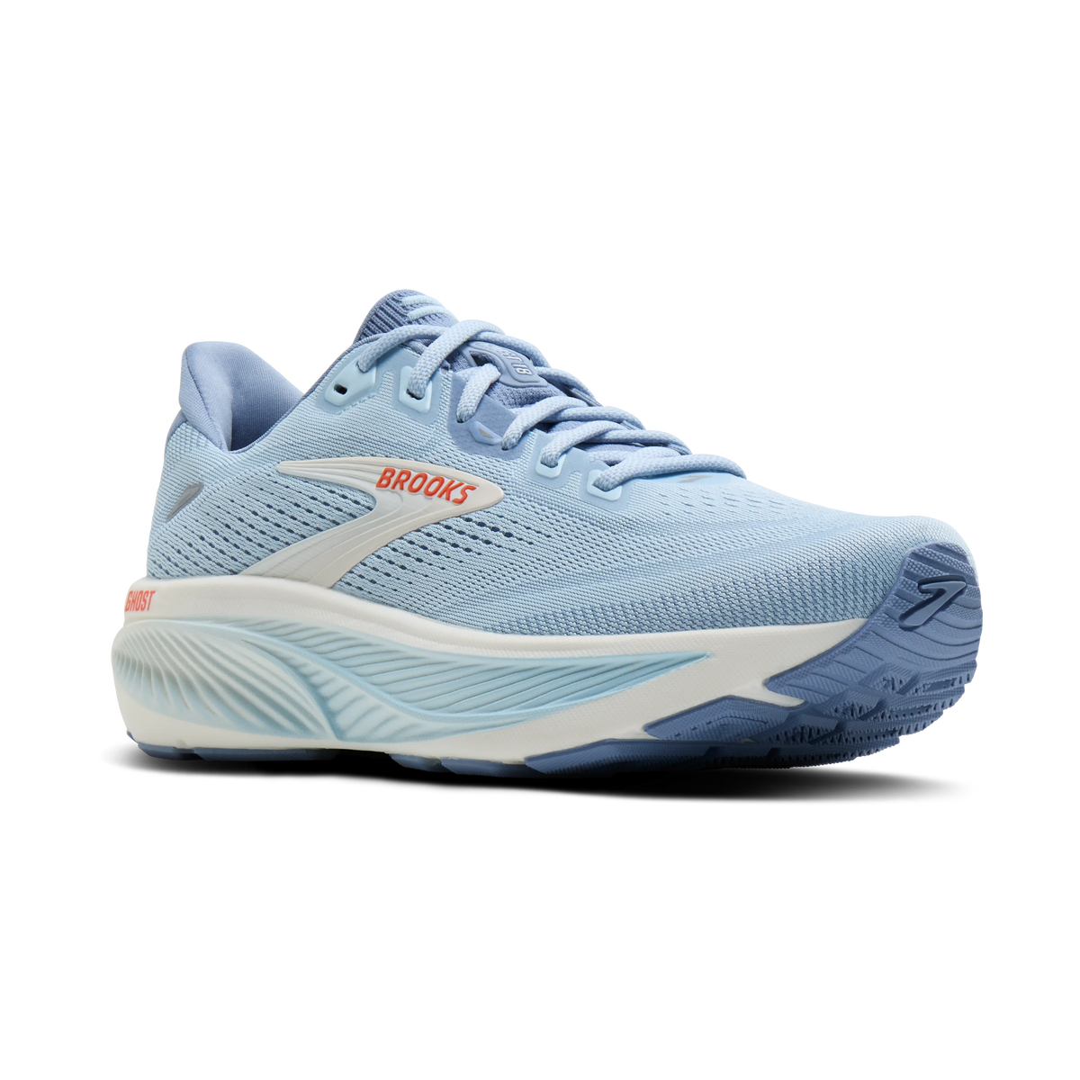 Brooks Ghost 18 women's running shoe in Nantucket/Tigerlily/Coconut — angled view