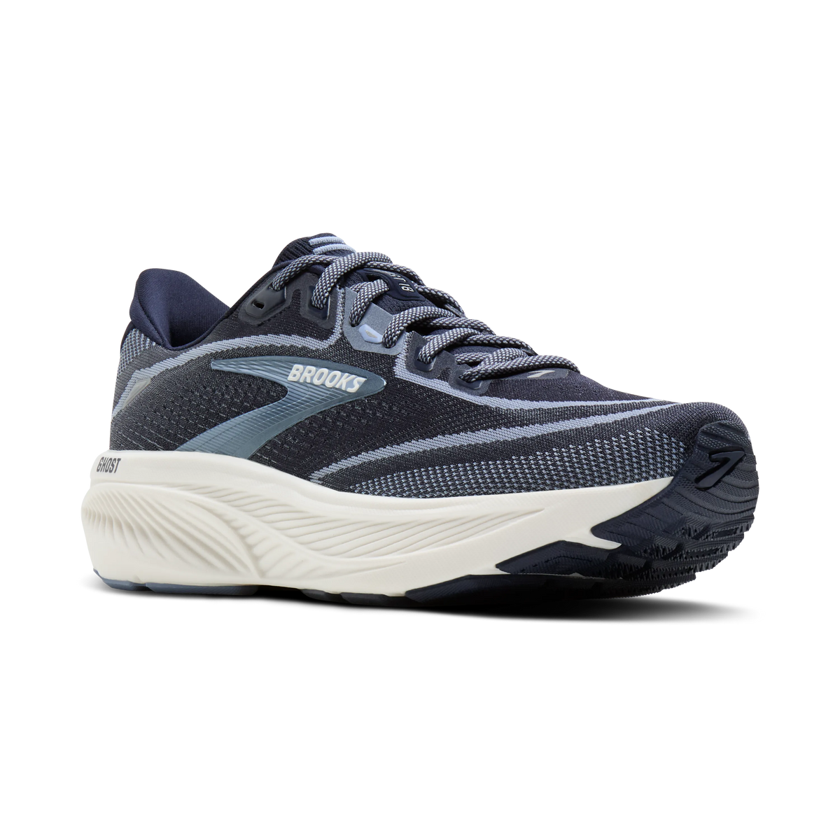 Brooks Ghost 18 women's running shoe in Navy/Rain Washed/Coconut — angled view
