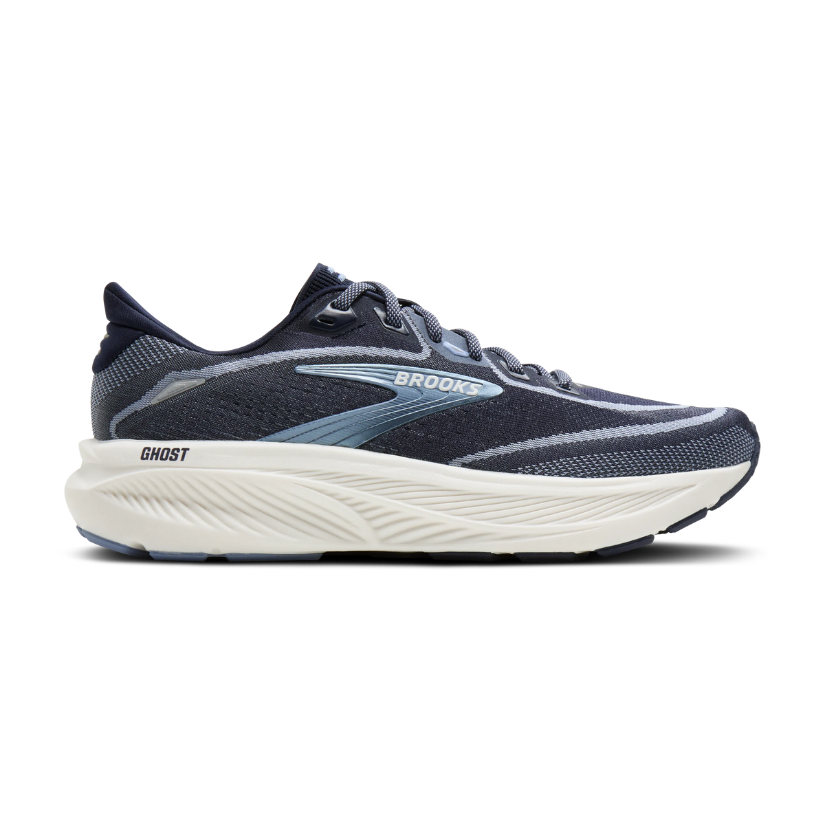 Brooks Ghost 18 women's running shoe in Navy/Rain Washed/Coconut — lateral view