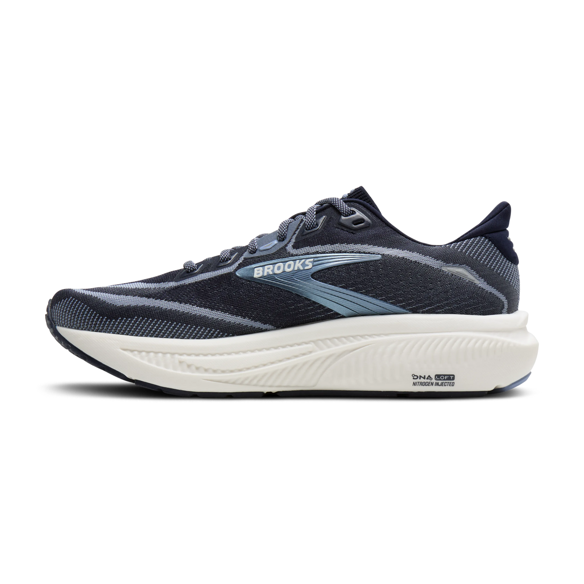 Brooks Ghost 18 women's running shoe in Navy/Rain Washed/Coconut — medial view