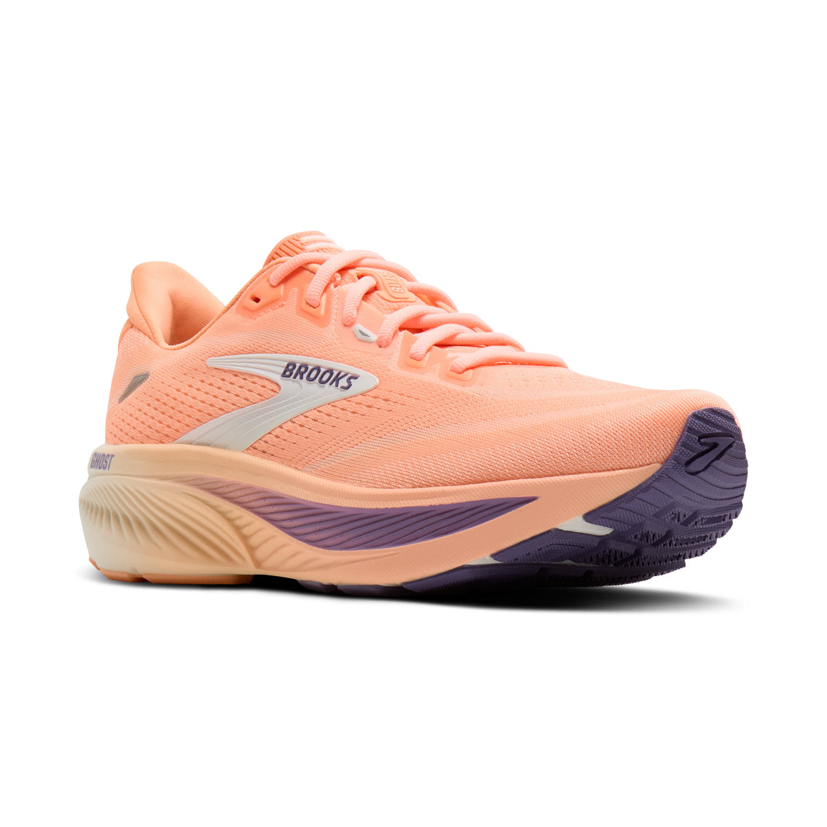 Brooks Ghost 18 women's running shoe in Peach/Grape/Coconut — angled view