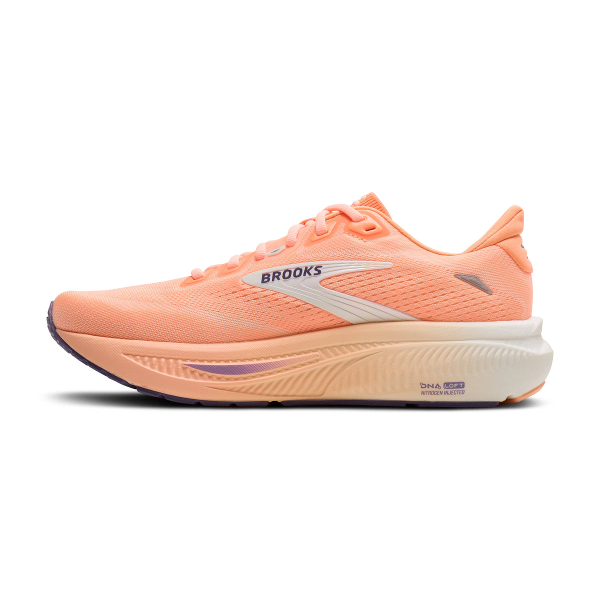 Brooks Ghost 18 women's running shoe in Peach/Grape/Coconut — medial view
