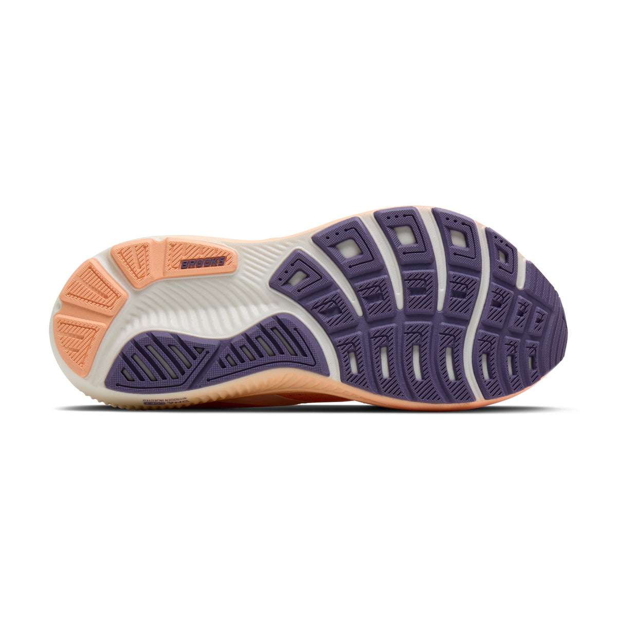 Brooks Ghost 18 women's running shoe in Peach/Grape/Coconut — outsole view