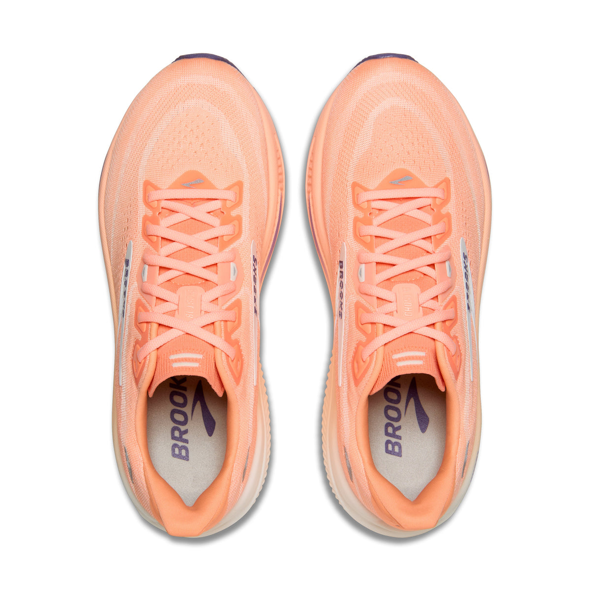 Brooks Ghost 18 women's running shoe in Peach/Grape/Coconut — top view