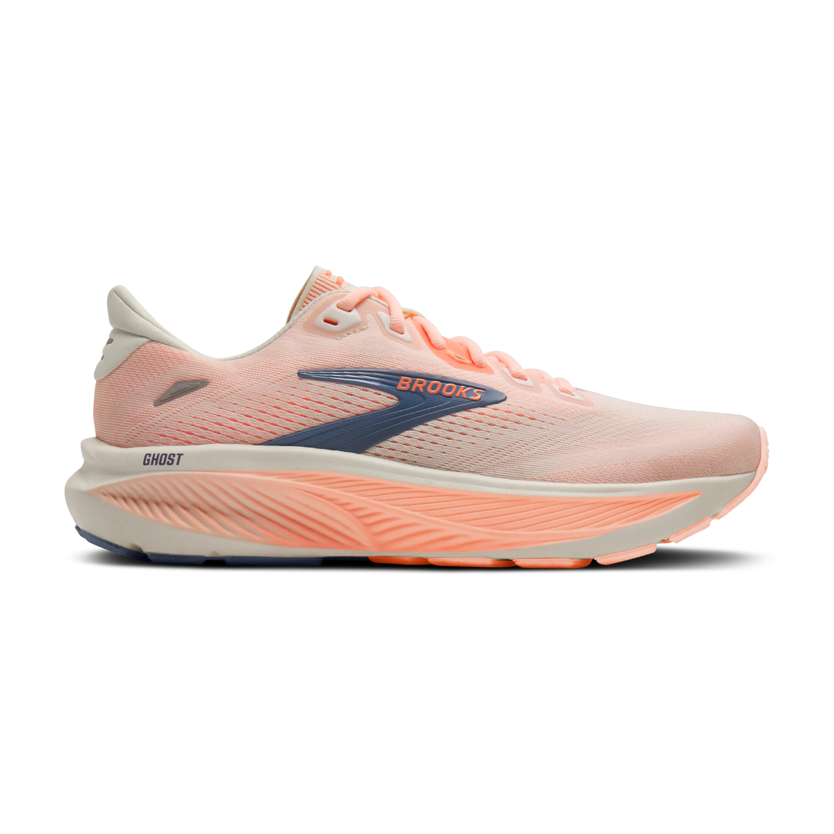 Brooks Ghost 18 women's running shoe in Star White/Cyber Peach/Grey — lateral view