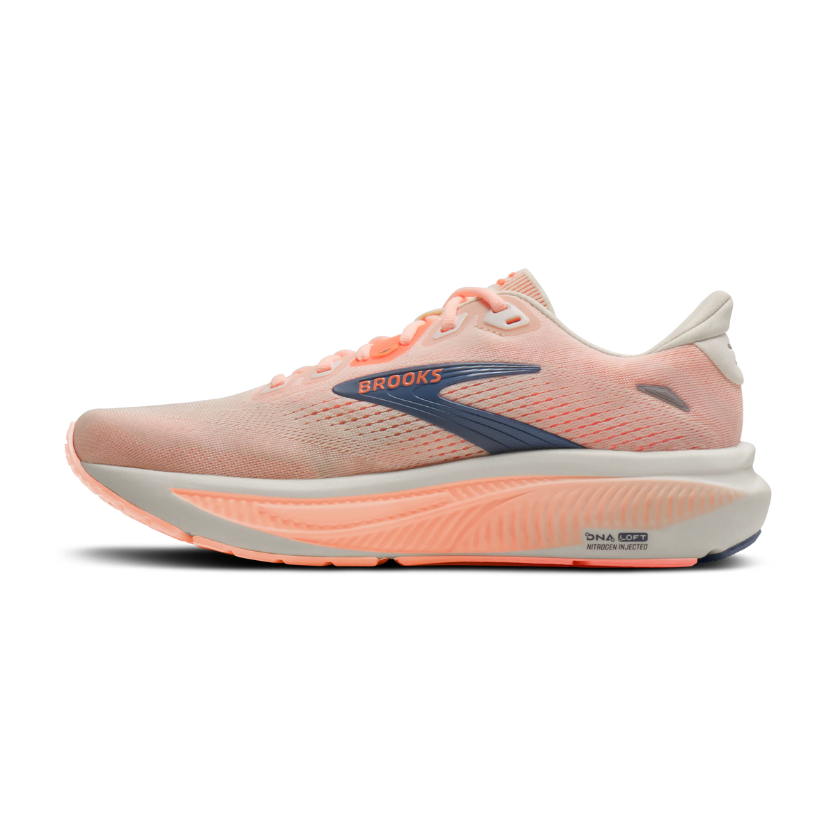 Brooks Ghost 18 women's running shoe in Star White/Cyber Peach/Grey — medial view