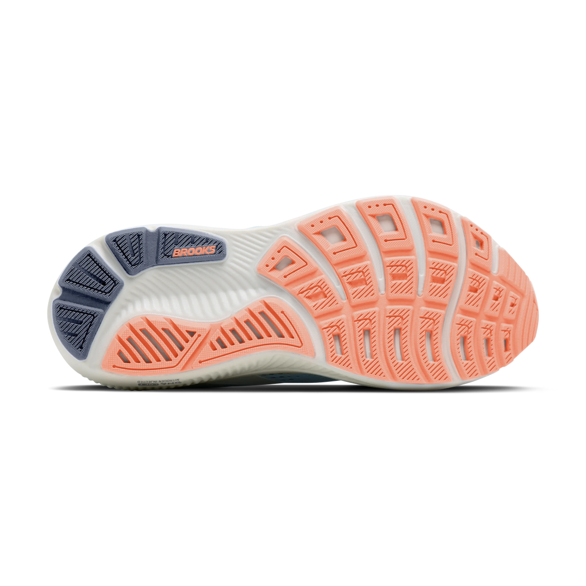 Brooks Ghost 18 women's running shoe in Star White/Cyber Peach/Grey — outsole view