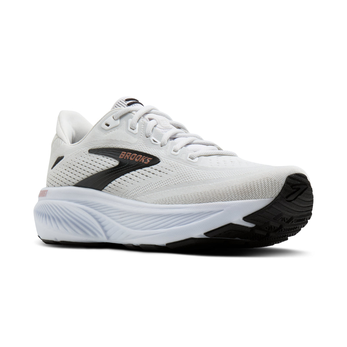 Brooks Ghost 18 women's running shoe in White/Black/Rose Gold — angled view