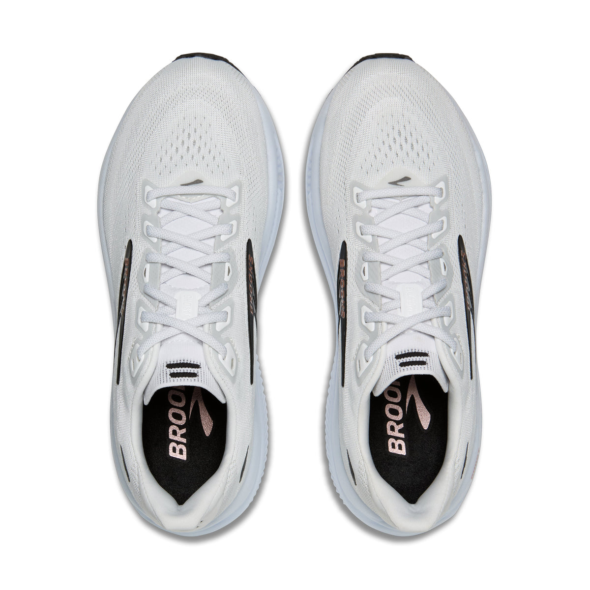Brooks Ghost 18 women's running shoe in White/Black/Rose Gold — top view