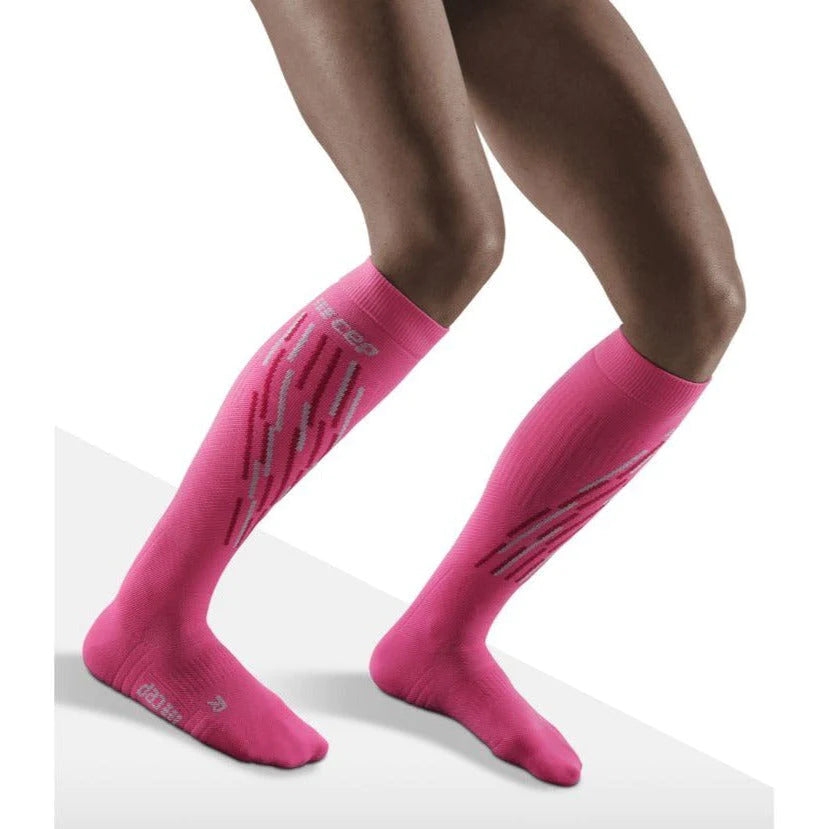 Women's CEP Ski Thermo Tall Compression Socks. Pink. Lateral view.