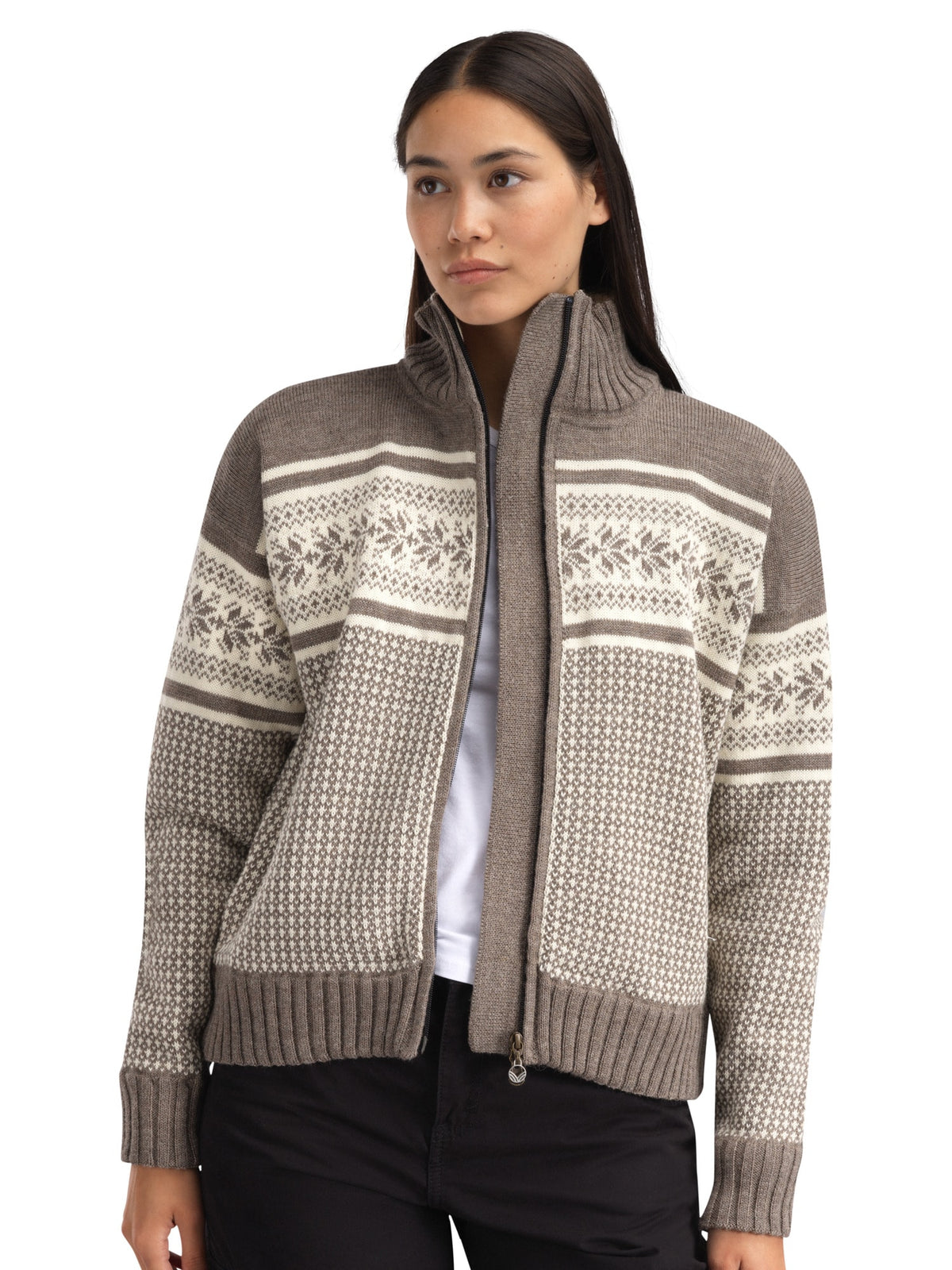 Dale of Norway Vola women's windproof wool jacket in Mid Brown Melange and Off White, modeled front view