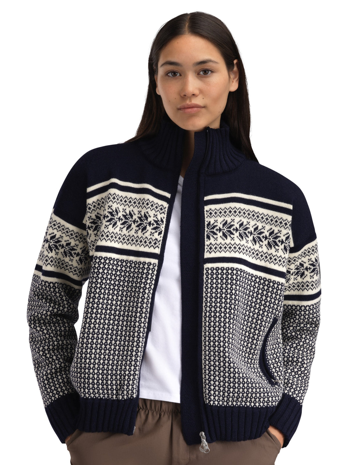 Dale of Norway Vola women's windproof jacket in Navy and Off White, modeled front view with high collar and Nordic pattern